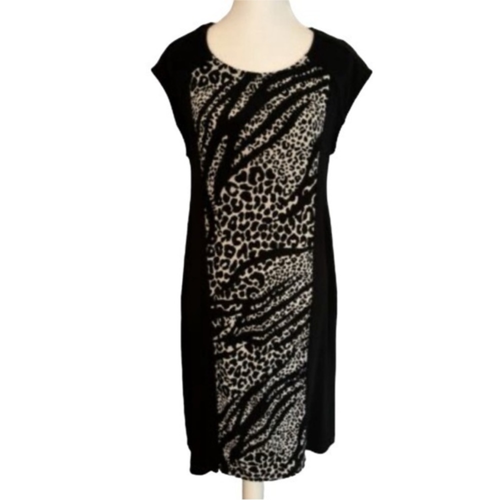 Chico’s Travelers Black Slimming Leopard Print Sleeveless Stretch Sheath Dress